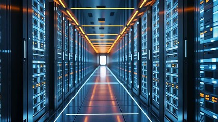 Modern data center with glowing server racks and illuminated pathway, showcasing advanced technology and digital storage infrastructure - Powered by Adobe