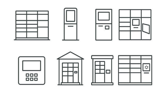 Line style icons of pickup points and parcel lockers: parcel locker structure, self-service kiosk icon, box wall with screen, open locker door, access panel symbol, indoor pickup station, 24/7 parcel