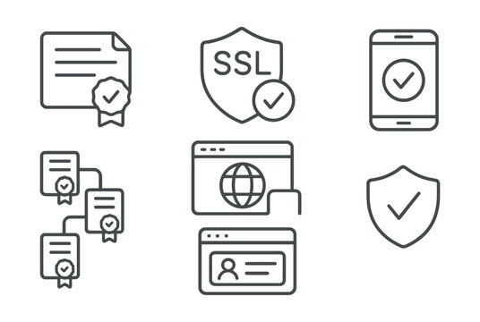 Line style icons of cybersecurity and privacy: digital certificate icon, SSL badge layout, verified connection screen, trusted website tag, certificate chain panel, domain identity card, security