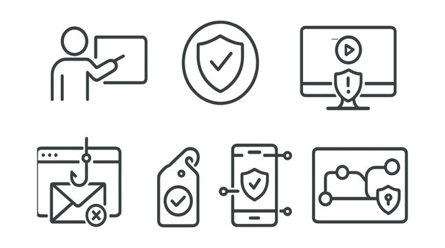 Line style icons of cybersecurity and privacy: security training icon, compliance module badge, awareness course screen, phishing simulation layout, lesson complete tag, safe behavior tracker,