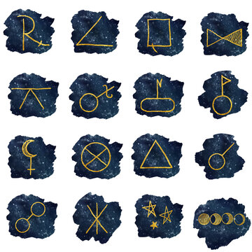 Golden astrological symbols and aspects on starry sky. Watercolor illustration. Set of symbols for stars, moon phases, isolated on white background. Theme of magic, astrology and esotericism