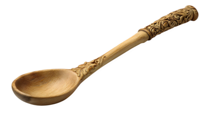 Handcrafted wooden spoon with carved handle, isolated on Transparent background