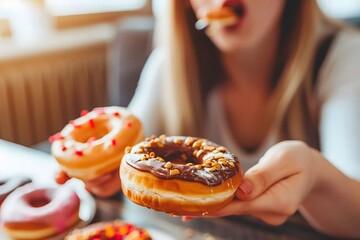 Close-up shot of a woman about to indulge in a selection of colorful donuts with different toppings. She is holding a frosted donut and eating a piece, set in a cozy atmosphere.