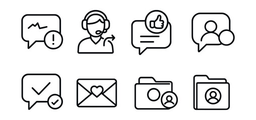 Line style icons of customer interaction: issue response message, follow-up from support, thank-you for report icon, personalized answer bubble, human reply symbol, resolved case message, aftercare