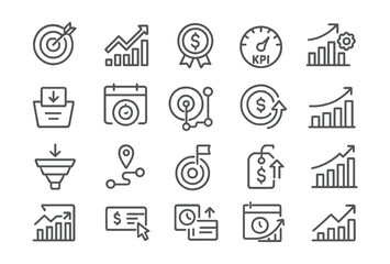 Line style icons of business goals and sales tracking: sales target, growth arrow, revenue badge, product performance, conversion rate, goal calendar, KPI icon, daily sales ring, basket conversion,