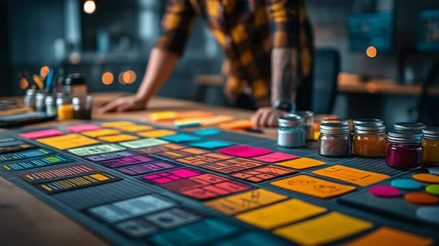 Creative Designer laying out Colorful Designs, Post-it Notes and Color Pigments in Jars