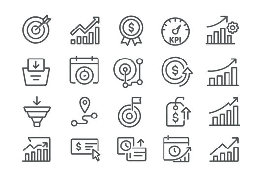 Line style icons of business goals and sales tracking: sales target, growth arrow, revenue badge, product performance, conversion rate, goal calendar, KPI icon, daily sales ring, basket conversion,