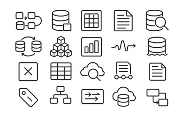Line style icons of data systems and processing: data pipeline, database icon, structured data, unstructured file, data access icon, data sync process, big data icon, stream processing, data
