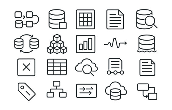 Line style icons of data systems and processing: data pipeline, database icon, structured data, unstructured file, data access icon, data sync process, big data icon, stream processing, data