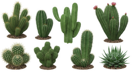 Collection of various cactus plants isolated on transparent background