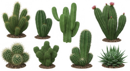 Collection of various cactus plants isolated on transparent background