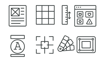 Line style icons of digital creativity: UI wireframe icon, layout grid system, spacing ruler symbol, icon set design, typography layout badge, pixel alignment marker, color theme palette, design
