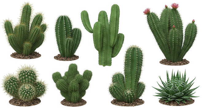 Collection of various cactus plants isolated on transparent background
