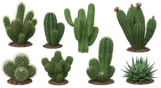 Collection of various cactus plants isolated on transparent background