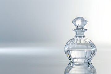transparent glass perfume bottle on a reflective surface with soft lighting and white background, luxury advertisement style
