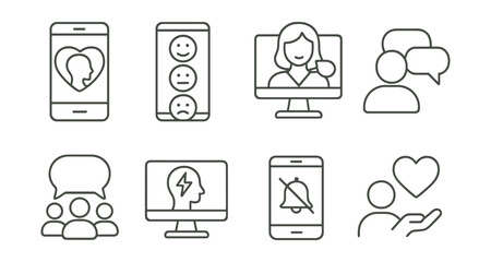 Line style icons of digital mental health: mental health app, mood emoji tracker, virtual therapist, chat-based counseling, online community, stress test online, notification detox, digital support