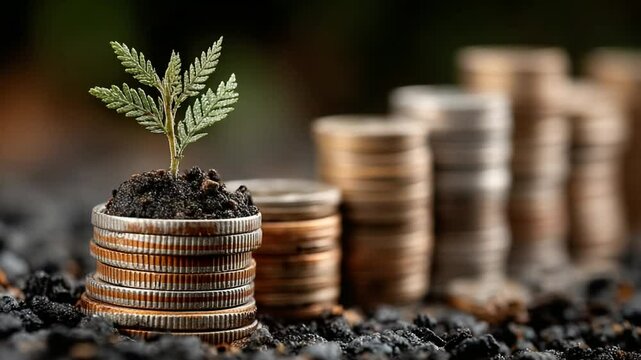 Financial Growth Concept: Plant Growing on Stack of Coins symbolizing Investment Returns
