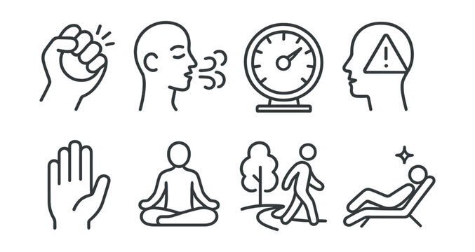 Line style icons of stress management: stress ball, breathing exercise icon, pressure gauge, burnout alert, timeout hand, guided meditation, nature walk, relax zone.