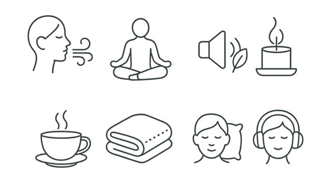 Line style icons of relaxation techniques: deep breath symbol, meditation pose, nature sound icon, aromatherapy candle, calming tea, soft blanket, rest time, guided audio.