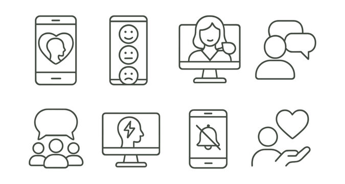 Line style icons of digital mental health: mental health app, mood emoji tracker, virtual therapist, chat-based counseling, online community, stress test online, notification detox, digital support
