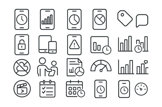 Line style icons of screen time and digital habits tracking: daily screen usage, weekly screen time chart, app usage breakdown, screen limit icon, usage category tag, phone unlock tracker, device