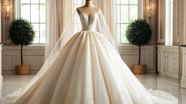 A luxurious wedding gown on a mannequin in a grand setting. The dress is designed with elegant detailing and structure