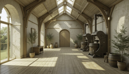 rustic, sunlit room with wooden beams and vintage wine presses creates warm, inviting atmosphere. Potted plants and barrels add to charm, enhancing serene ambiance