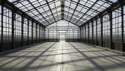 spacious, empty greenhouse with glass roof and metal framework casts intricate shadows on floor, creating serene and geometric pattern. structure is well lit and airy