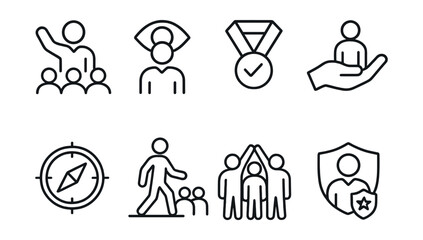 Line style icons of leadership in teams: inspiring leader, vision icon, decision maker badge, mentorship hand, goal direction compass, lead by example icon, team rally moment, leadership symbol.