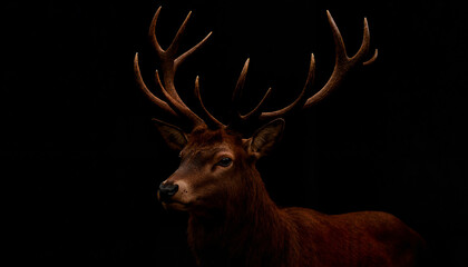 Majestic stag with large antlers standing against a dark background  