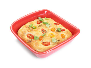 Delicious focaccia with tomatoes and spices in baking dish isolated on white