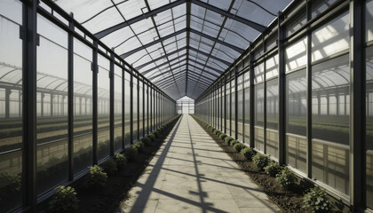modern greenhouse interior with rows of plants and glass roof creates serene and organized environment. structure symmetry and natural light enhance growth of plants