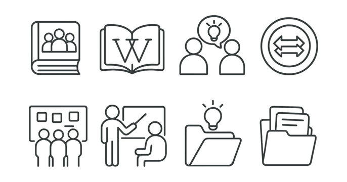 Line style icons of knowledge sharing: group knowledge book, open wiki icon, mentoring session, skill exchange badge, team learning board, internal training, team tips folder, shared resources.