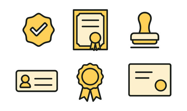 Outline with Fill vector icons of certificate visuals: verified badge, framed certificate, stamp icon, approval check, name field, issue date, ribbon edge, digital cert.