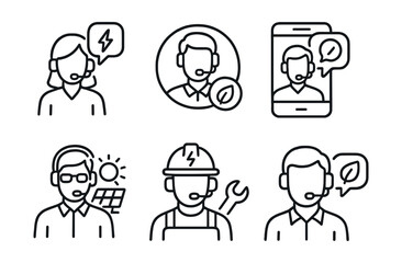 Line style icons of sustainable energy: support call icon, contact specialist badge, energy help hotline screen, solar advisor call layout, technician assistance icon, voice chat with eco expert.