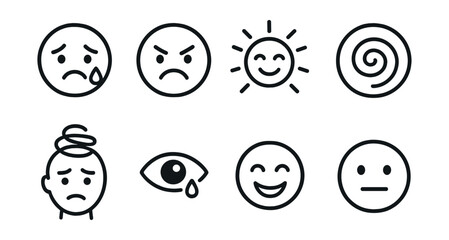 Line style icons of emotional expression: sad face with tear, angry emoji, joy burst, confused swirl, overwhelmed head, crying eye, laugh lines, neutral expression.