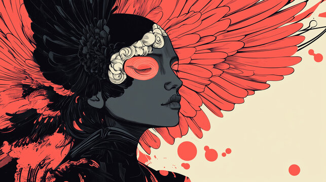 Artistic woman with abstract red wings and floral headpiece  