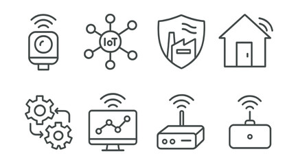 Line style icons of Internet of Things (IoT): connected sensor, IoT network diagram, smart factory badge, home automation icon, machine communication, remote monitoring, IoT gateway, edge device.