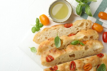 Cut delicious focaccia with tomatoes, basil and oil on light table, flat lay. Space for text