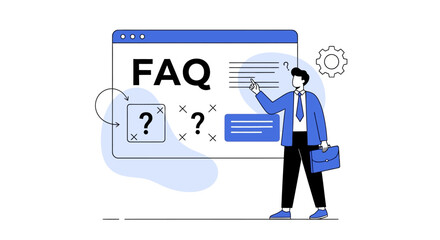 Businessman pointing to FAQ section on digital interface for customer support clarification
