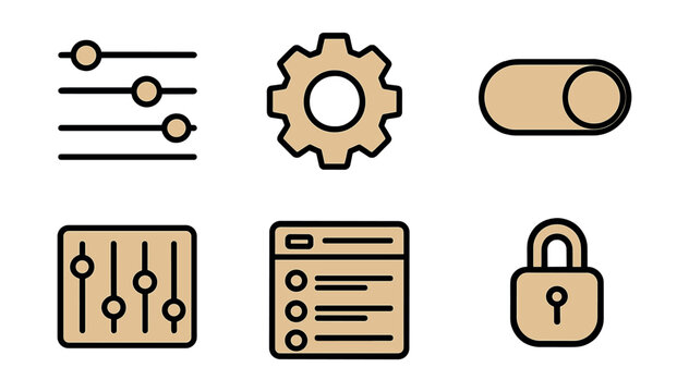 Outline with Fill vector icons of settings and preferences: sliders, settings gear, toggle switch, preferences list, control panel, options tab, lock icon, adjust tool.