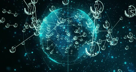 Light particles initiating digital globe rotating, spawning avatar icons linking global network - Powered by Adobe