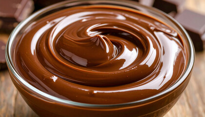 Ultra-Detailed Swirling Melted Chocolate in Glass Bowl – Rich Glossy Brown, Dessert Close-Up