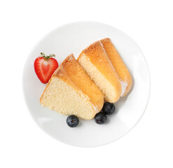 Pieces of tasty bundt cake with berries isolated on white, top view