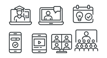 Line style icons of remote work: remote learning icon, webinar screen badge, skill session calendar, course progress tracker, video class layout, certificate screen, virtual classroom icon.