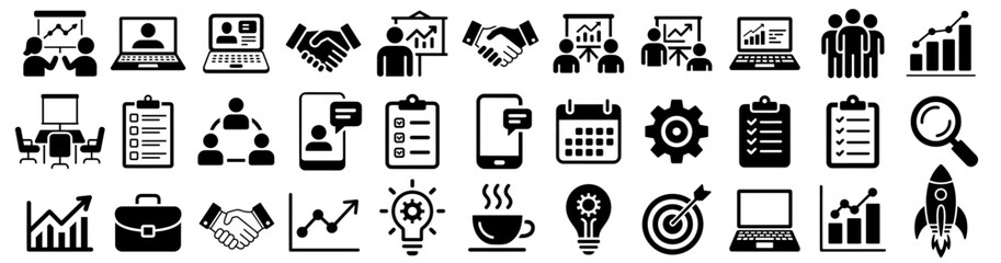 Startup and teamwork vector icon set, including collaboration, growth, meetings, innovation, and communication concepts