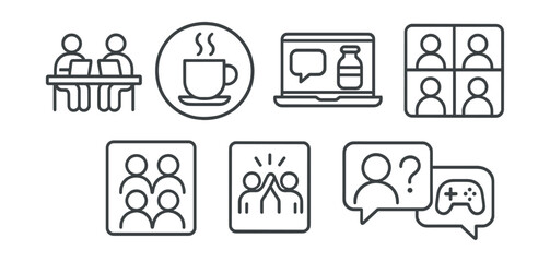 Line style icons of remote work: coworking culture icon, remote coffee break badge, virtual watercooler screen, team bonding layout, culture moment card, team trivia icon, chat game badge.