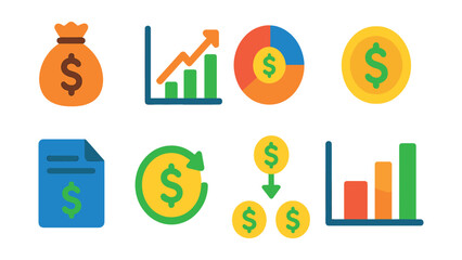 Flat vector icons of business profit: money bag, profit graph, revenue pie chart, dollar coin, financial statement, return on investment, income flow, profit margin.
