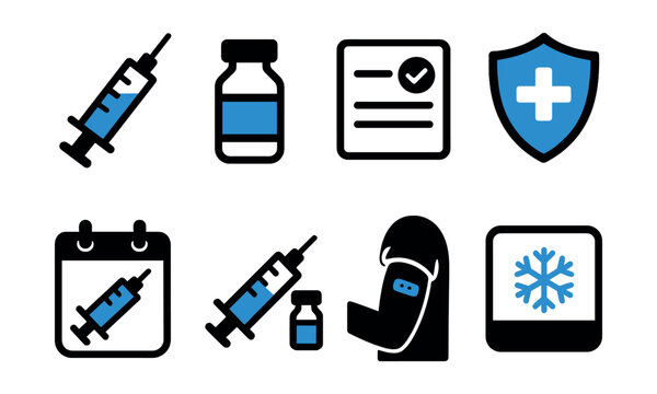Two-Color vector icons of vaccination: syringe icon, vaccine vial, vaccination card, immunity shield. Injection calendar, booster shot, arm with bandage, cold storage icon.