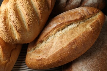 Many different loaves of bread on table, closeup